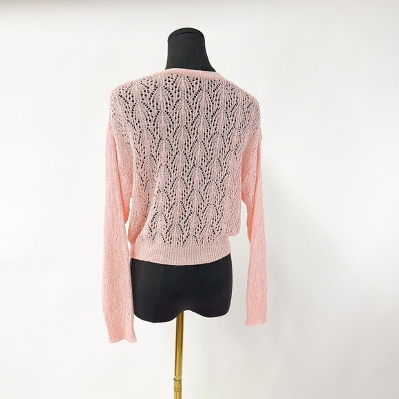 VINTAGE STYLE BABY PINK BUTTON UP CROPPED SEWATER LACE SHEETR COTTON - Picture 9 of 9